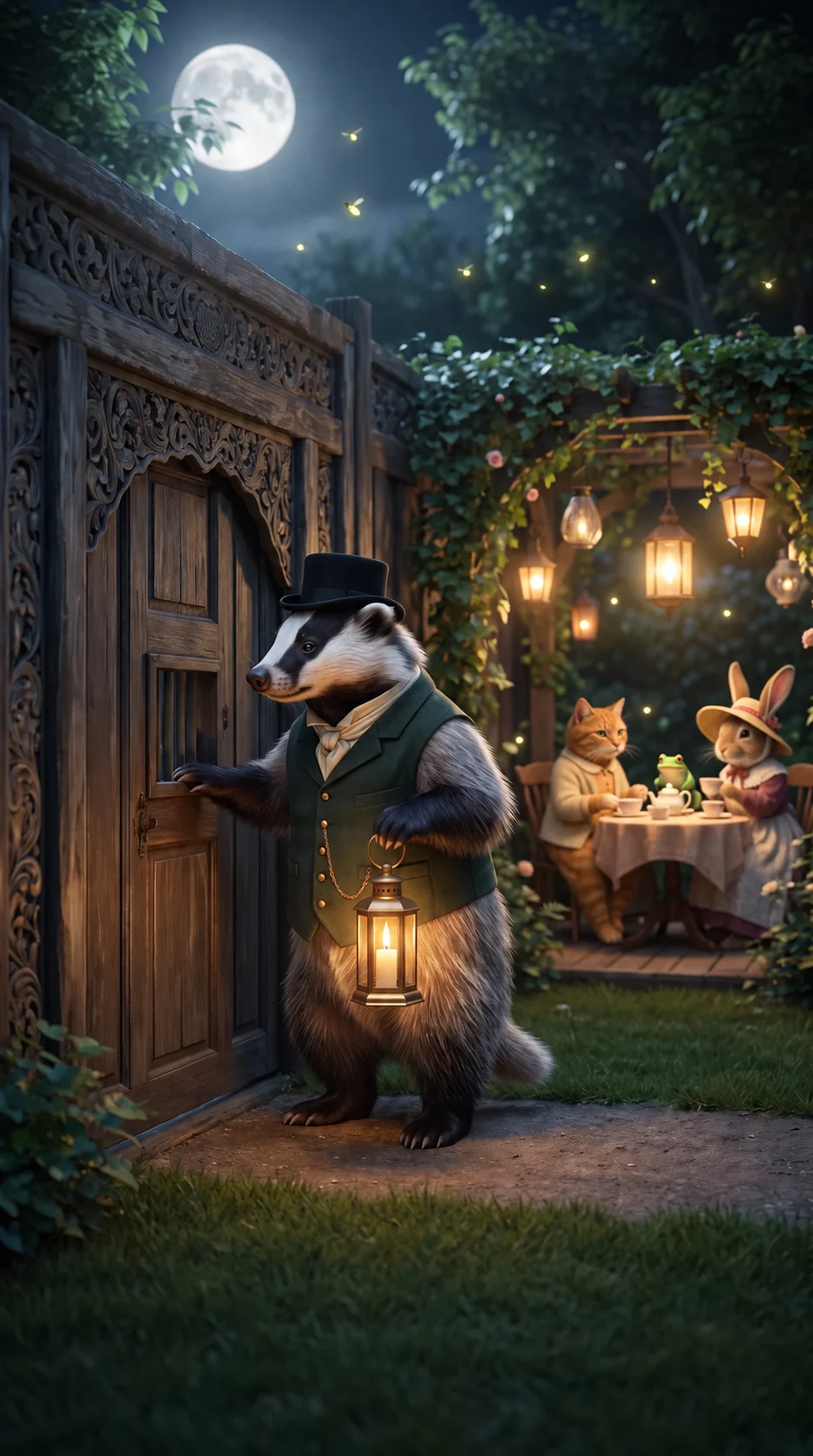 Mr Badger holds his lantern beneath the moon at the garden gate.