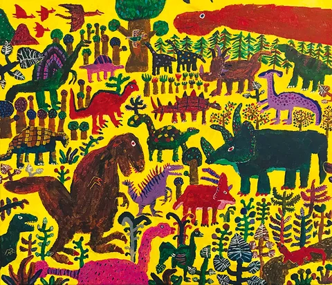 Colourful silhouettes of animals, trees and figures on a yellow ground.